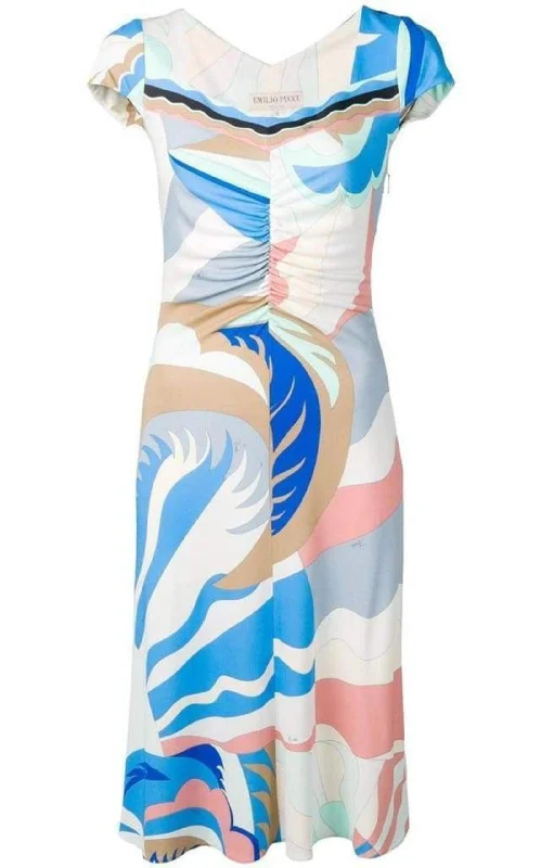 Blue Acapulco Print Gathered Silk Blend Dress