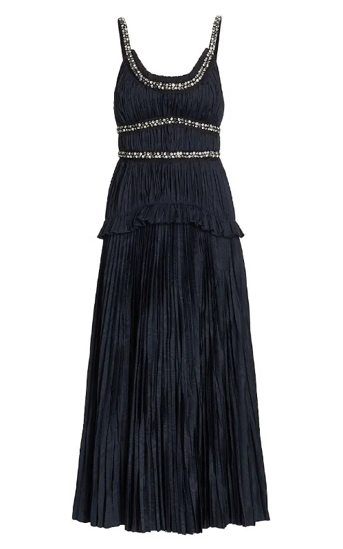 Crystal-Beaded Moire Taffeta Midi Dress