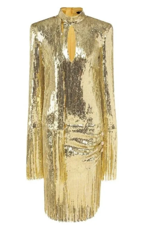 Fringed Gold Sequined Midi Dress