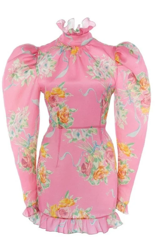 Floral Puff-Sleeve Silk Mini Dress