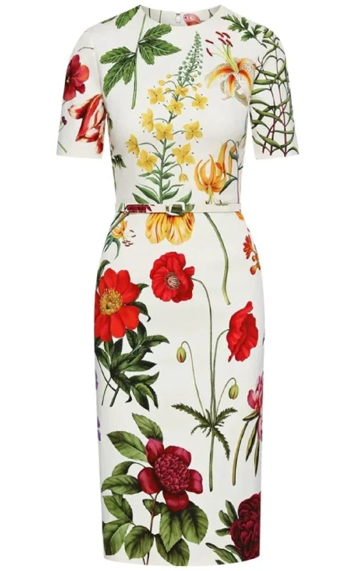 Floral Belted Stretch Cotton Twill Dress