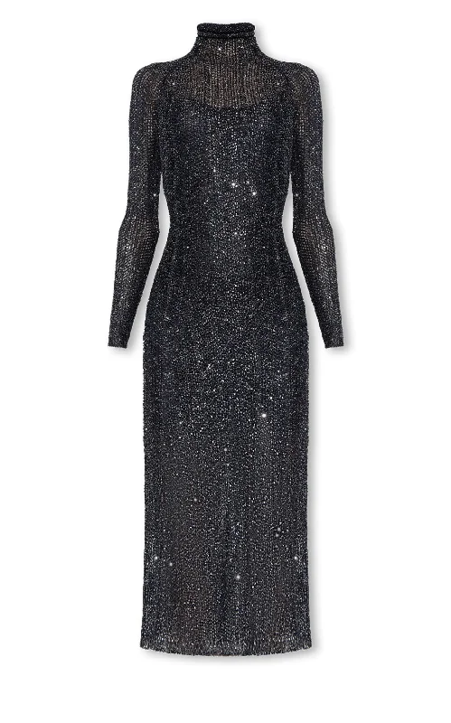 Navy Blue Sequin Knit High-Neck Dress