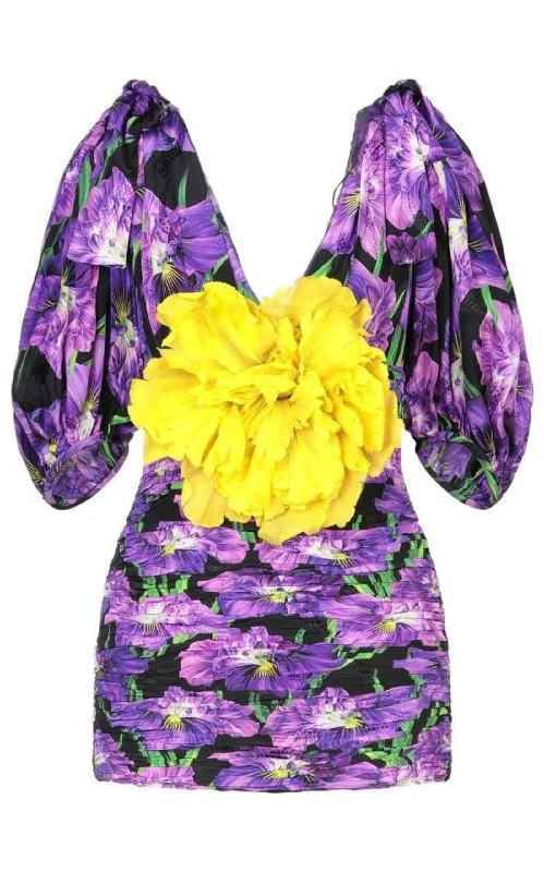 Purple Floral Pattern Silk Dress