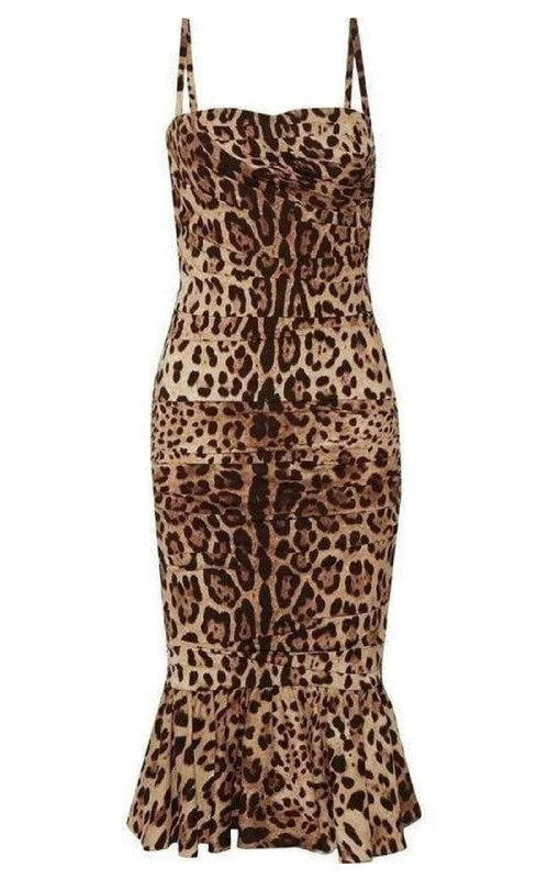 Ruched Leopard Print Silk Cady Midi Dress