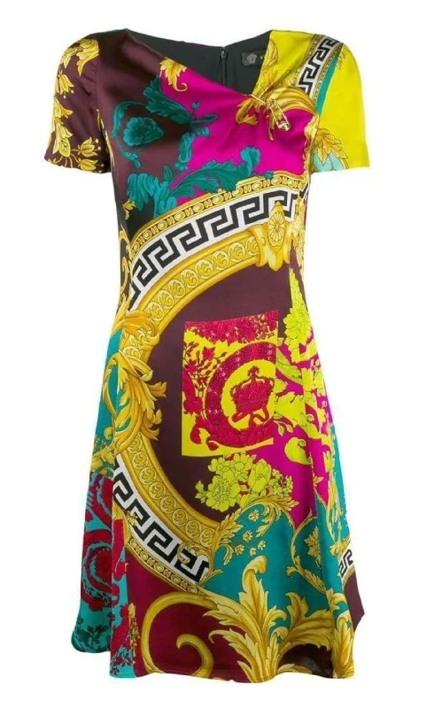 Short-Sleeve Multicolored Silk Dress