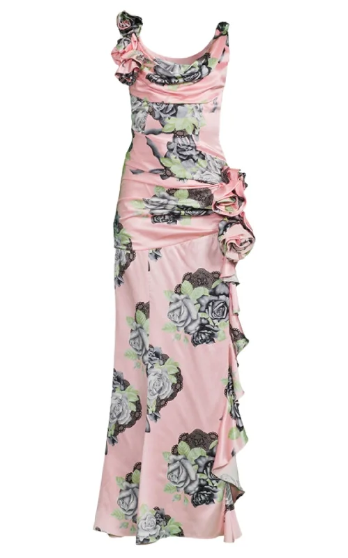 Silk Satin Evening Dress In Rose Print