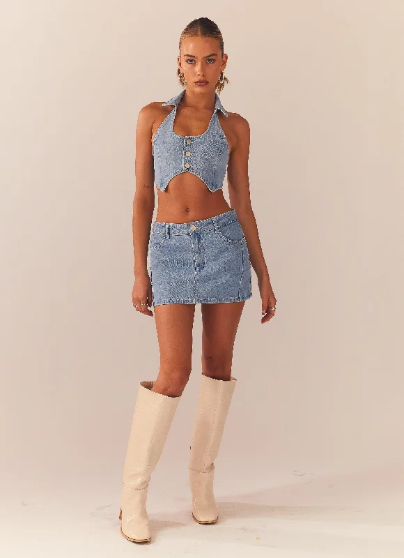 Giddy Up Denim Mini Skirt - Subdued Blue