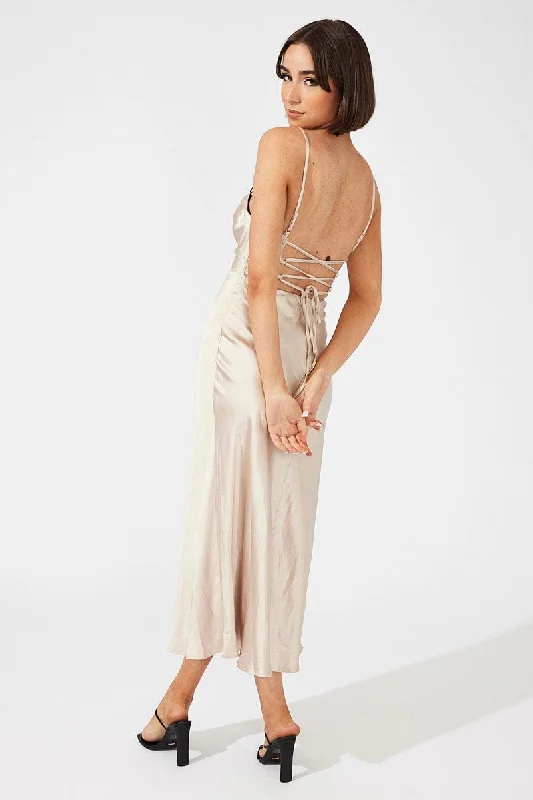 Beige Midi Dress Sleeveless Cowl Neck Satin Slip Lace