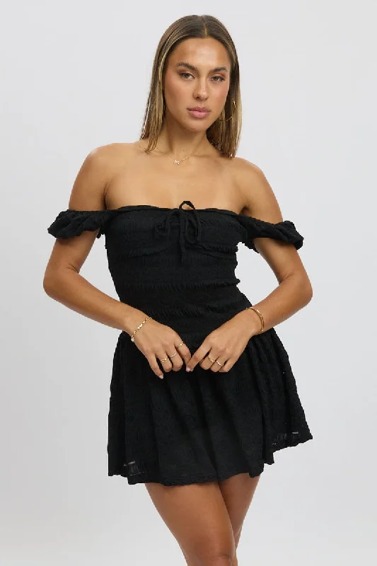 Black Fit And Flare Dress Drop Waist Mini