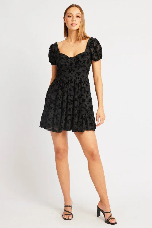 Black Fit And Flare Dress Mini Burn Out