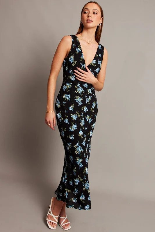 Black Floral Maxi Dress V-Neck Sleeveless