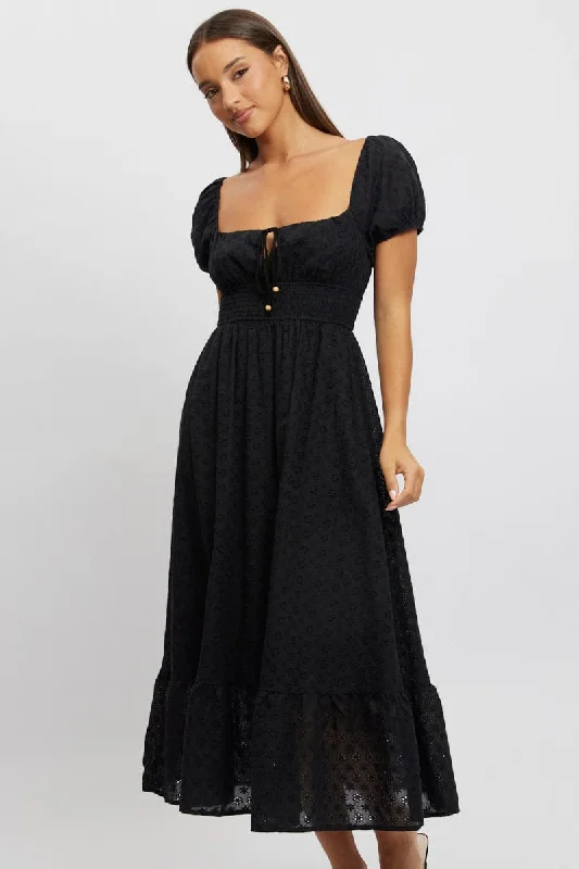 Black Maxi Dress Puff Sleeve Eyelet Fabric