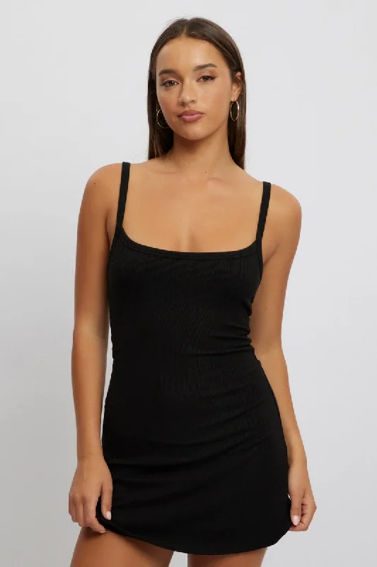 Black Mini Dress Sleeveless Rib A-Line