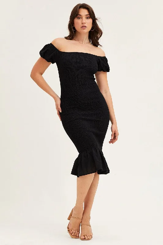 Black Shirred Midi Dress