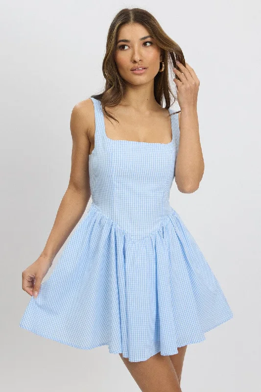 Blue Check Fit And Flare Dress Mini