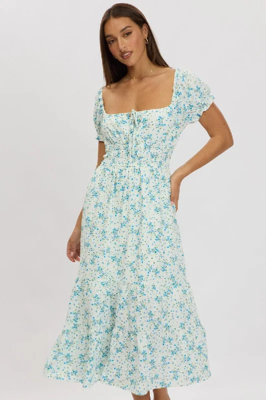 Blue Floral Maxi Dress Puff Sleeve