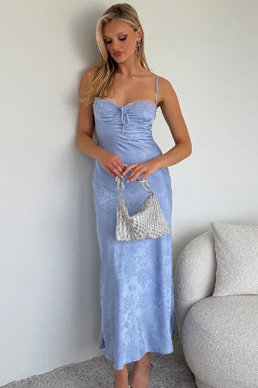 Blue Maxi Dress Back Tie Satin