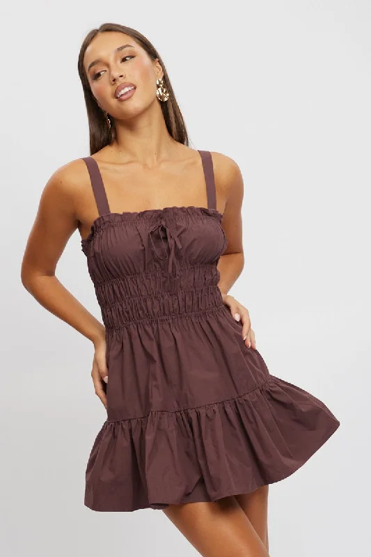 Brown Fit And Flare Dress Mini Poplin