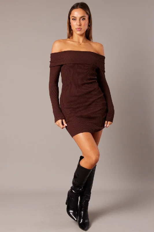 Brown Knit Dress Long Sleeve Mini