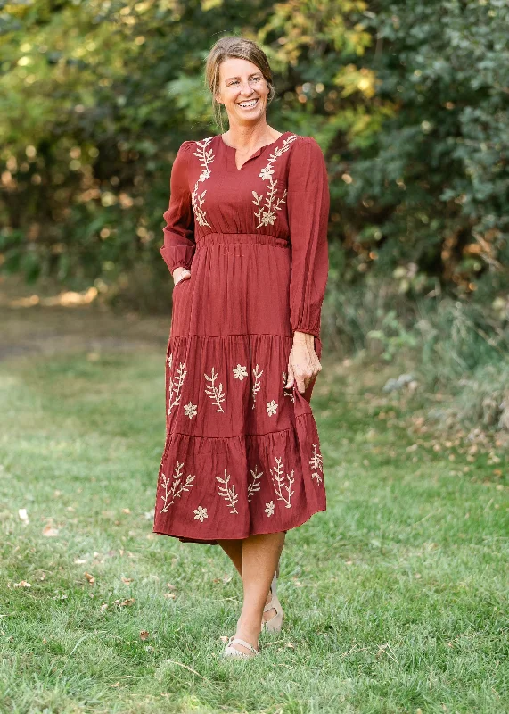 Burgundy Embroidered Long Sleeve Maxi Dress