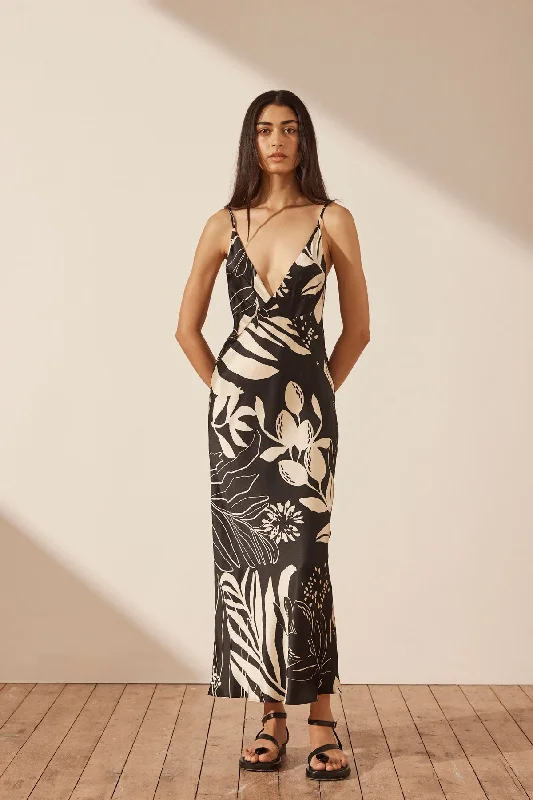 CAPRI SILK PLUNGED SLIP MIDI DRESS