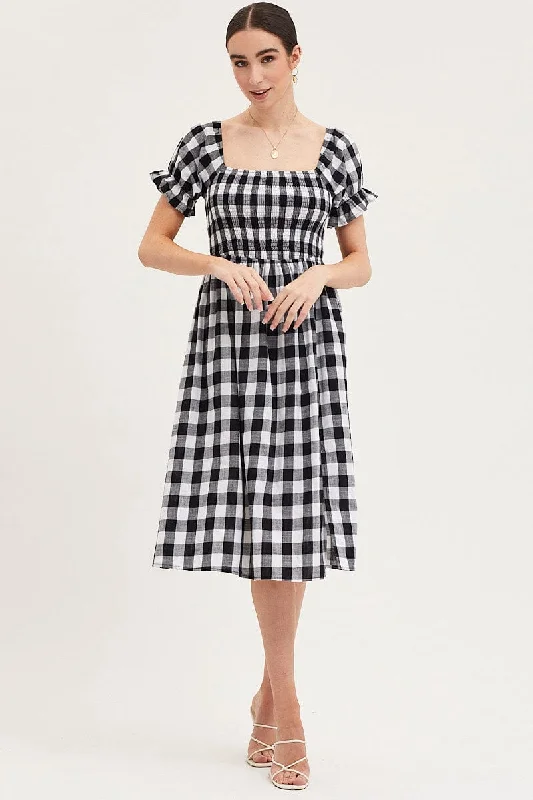 Check Shirred Dress Short Sleeve Midi