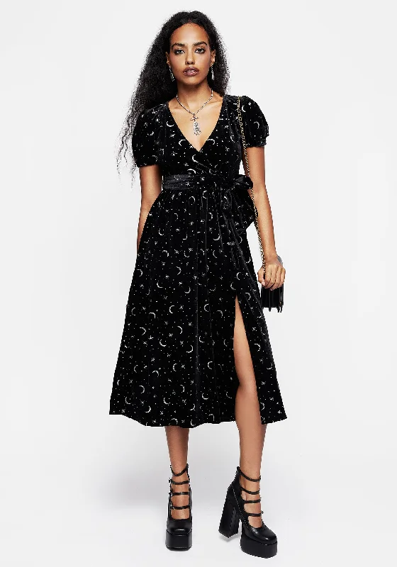 Constellation Glitter Print Velour Midi Wrap Dress