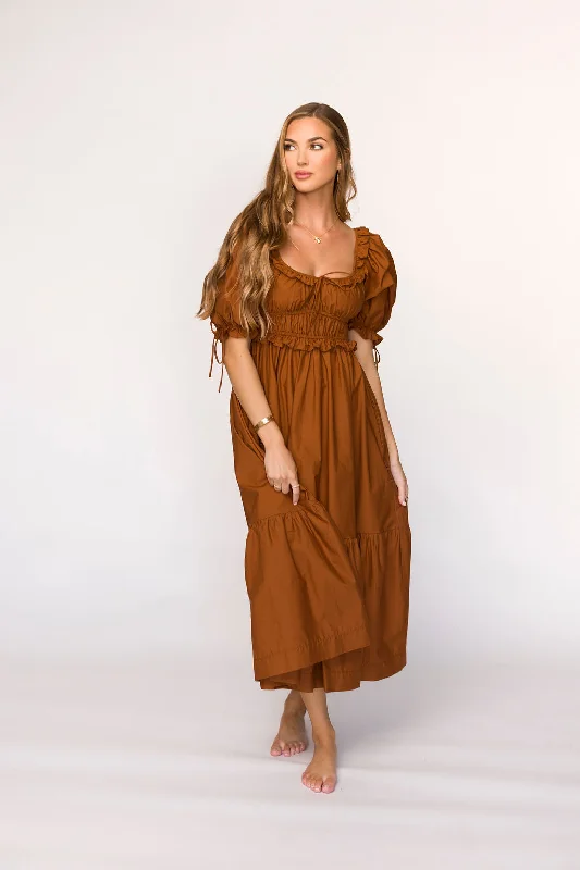 Crissy Ruched Midi Dress in Brown - Bump Friendly