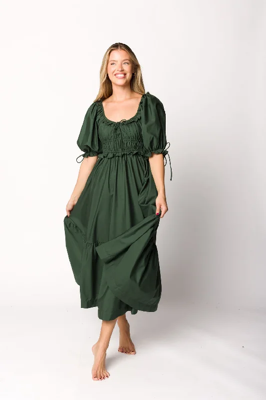 Crissy Ruched Midi Dress in Emerald Green - Bump Friendly