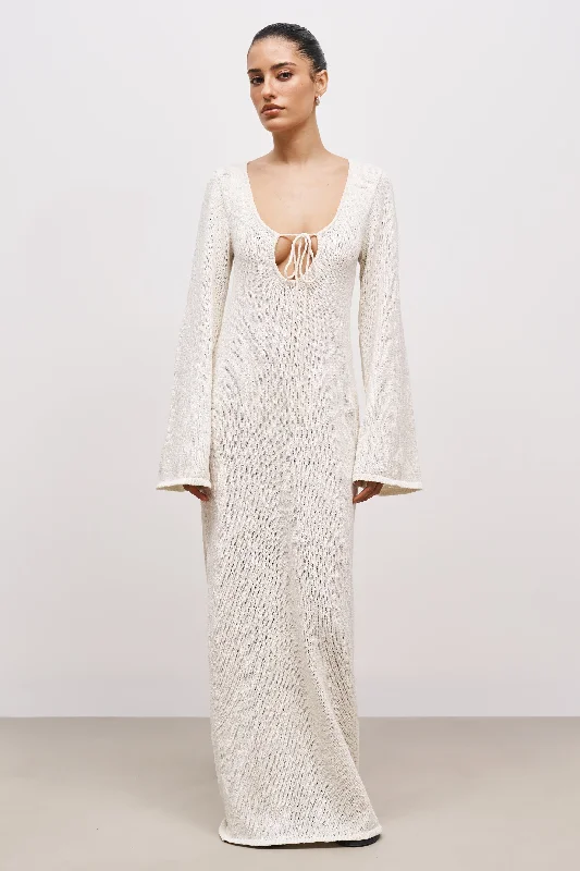 Crochet Knit Long Sleeve Maxi Dress - Cream