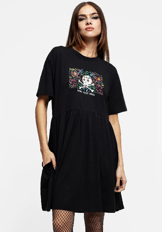 Death Conquers All Floral Skull Embroidered Mini Skater Dress