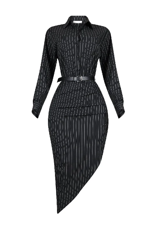 Eileen Pin Stripe Collared Maxi Dress With Belt