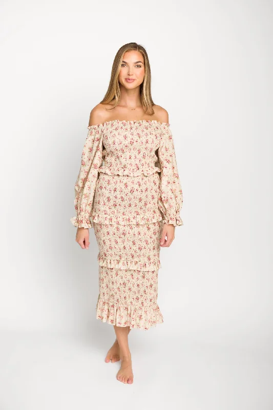 Lila Floral Printed Smocked Midi Dress in Pink - Bump Friendly