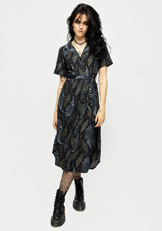 Frond Print Button Up Midi Shirt Dress