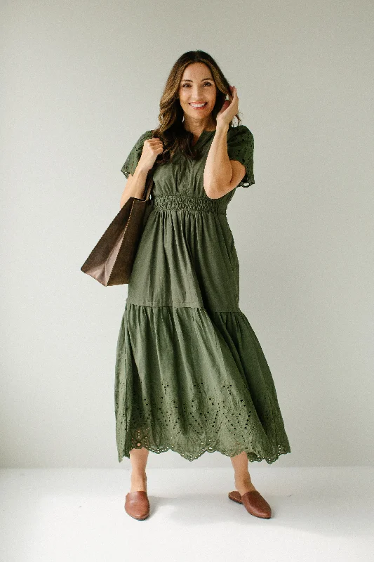 'Georgina' Eyelet Detail Smocked Waist Maxi Dress in Olive