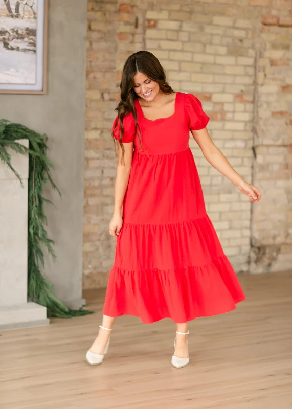 Harper Short Sleeve Tiered Red Maxi Dress