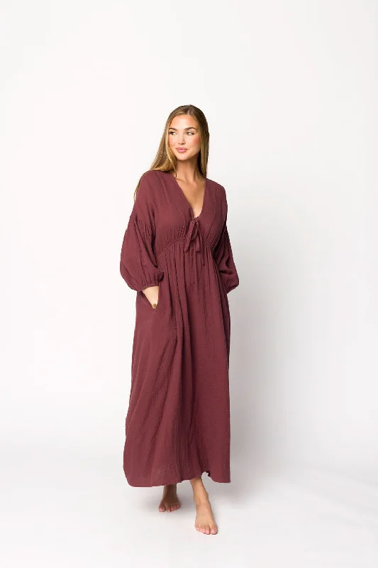 Hunter 100% Cotton Gauze Midi Dress in Redwood (Plum)