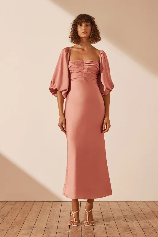 LUXE RUCHED BODICE LONG SLEEVE MIDI DRESS - ROSE