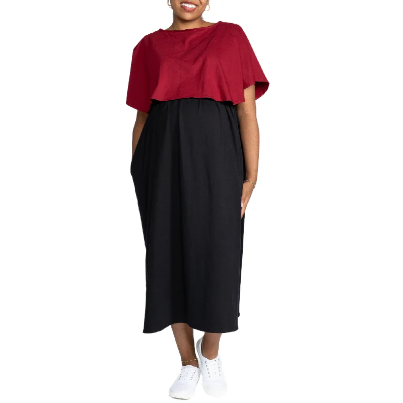 Maroon & Black Nursing Friendly Maternity Maxi Dress