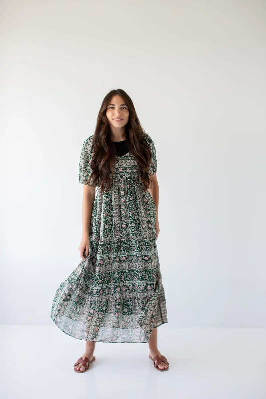 'Medora' Oriental Garden Maxi Dress in Deep Green