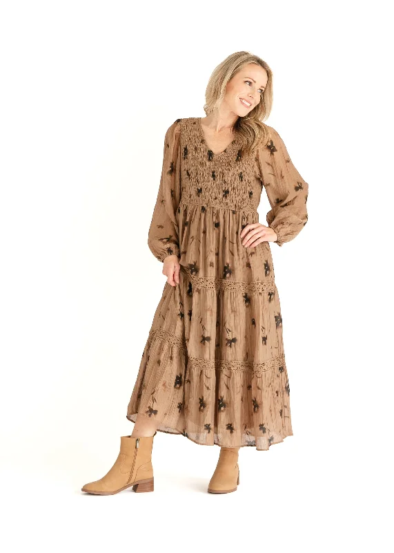 Mocha Floral V-neck Smocked Maxi Dress