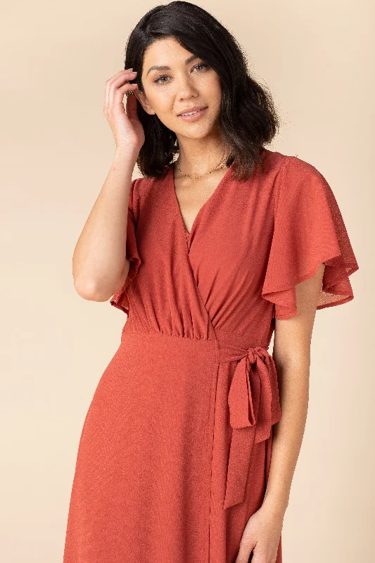 Naples Flutter Sleeve Wrap Maxi - Clay Red