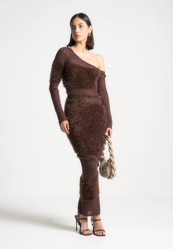 Off Shoulder Knitted Maxi Dress - Brown