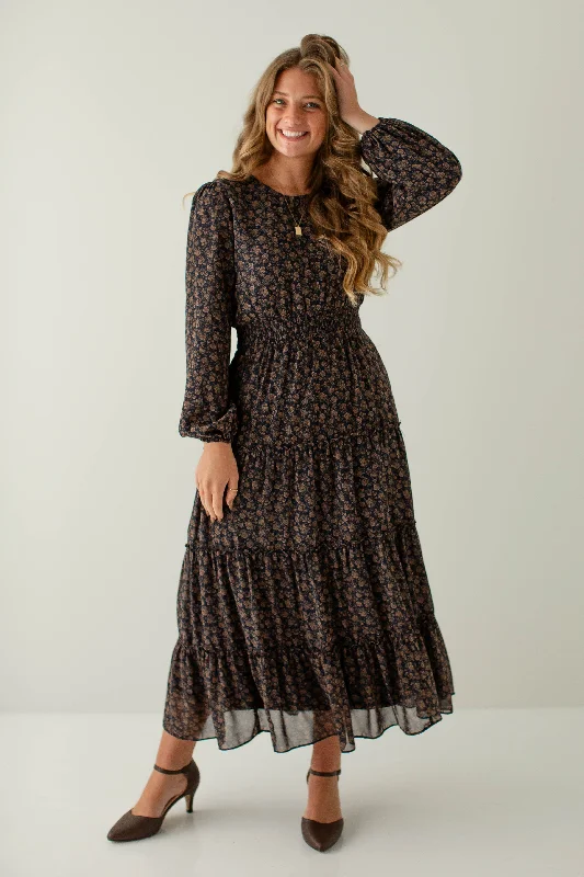 'Ophelia' Smocked Waist Floral Chiffon Maxi Dress in Dark Navy