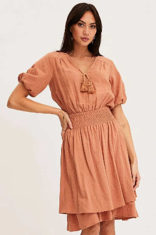 Orange Midi Dress Short Sleeve V Neck