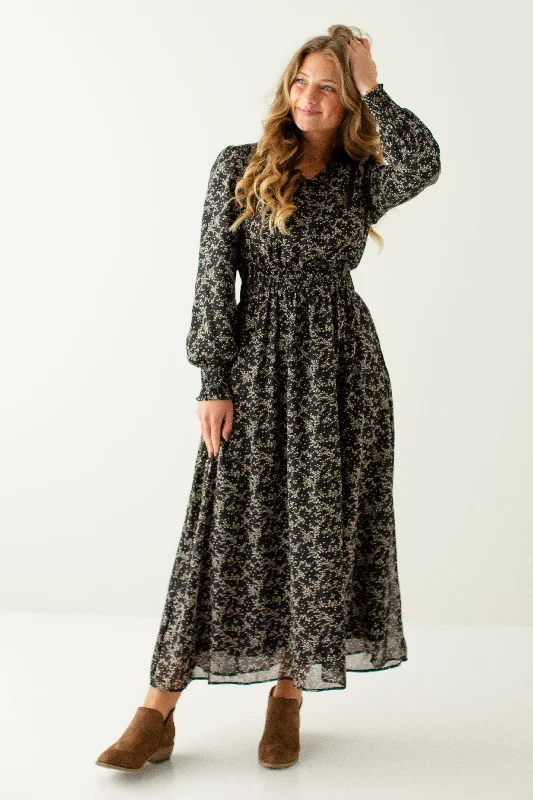 'Pamela' Smocked Detail Ditsy Floral Maxi Dress in Black