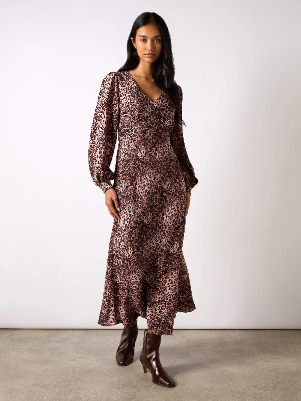 Pink Leopard Print V-Neck Midi Dress