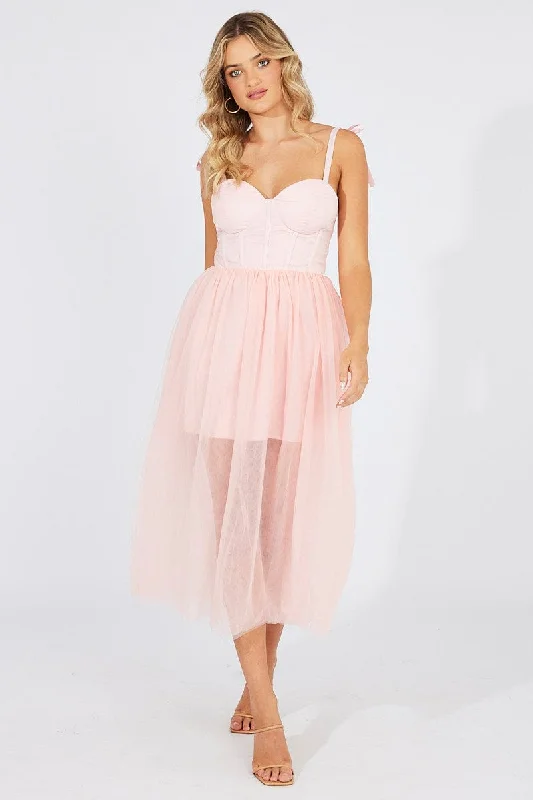 Pink Midi Dress Tulle Corset Detail Occasion Dress