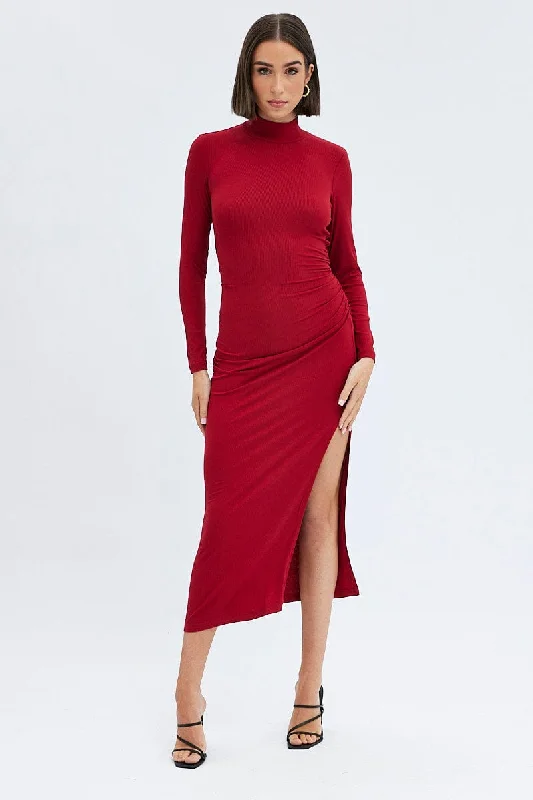 Red Midi Dress Long Sleeve High Neck Rib Jersey