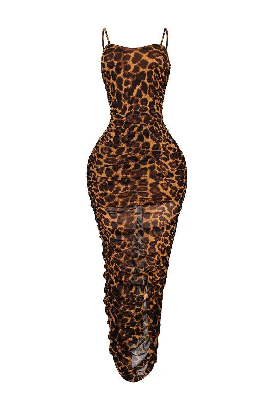 Roxy Leopard Mesh Ruched Maxi Dress